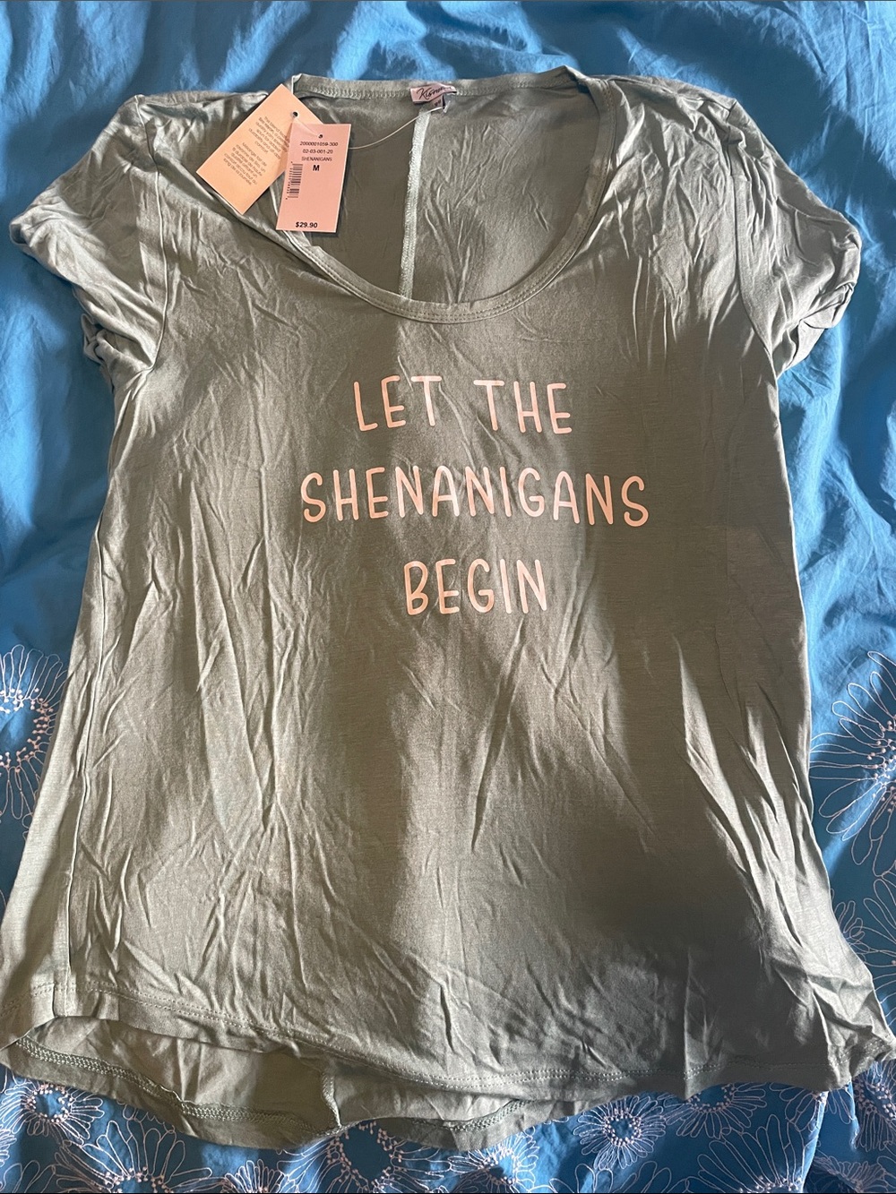 Kismet Olive Green Tee with Light Pink Tag